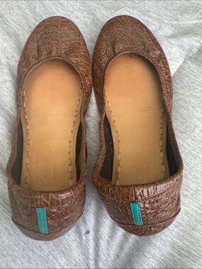 Tieks Brown Croc-Embossed Flats with Teal Heel Tab Accent